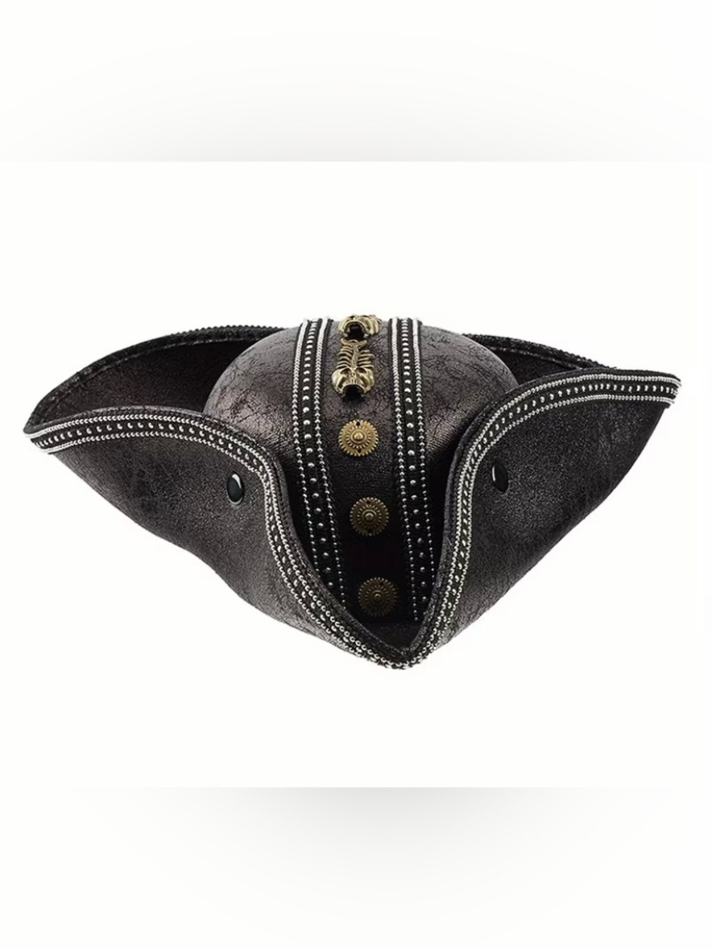 Adult Black Leather Pirate Tricorn Hat with Brass Stud Accents